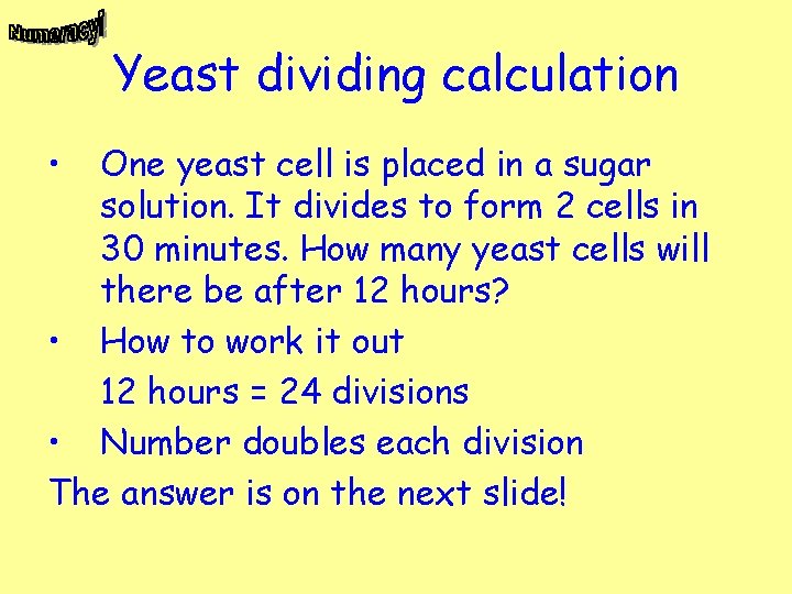 Yeast dividing calculation • One yeast cell is placed in a sugar solution. It