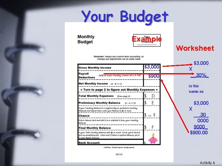 Your Budget Example Worksheet $3, 000 $900 $3, 000 X __30%_ is the same