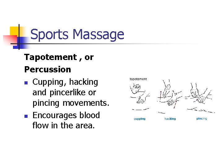 Sports Massage Tapotement , or Percussion n Cupping, hacking and pincerlike or pincing movements.