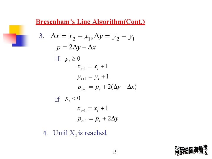 Bresenham’s Line Algorithm(Cont. ) 3. if if 4. Until X 2 is reached 13