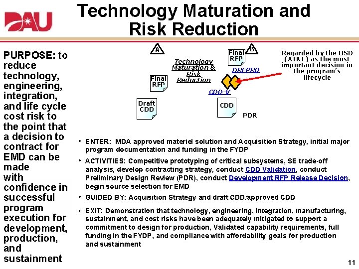 Technology Maturation and Risk Reduction PURPOSE: to reduce technology, engineering, integration, and life cycle