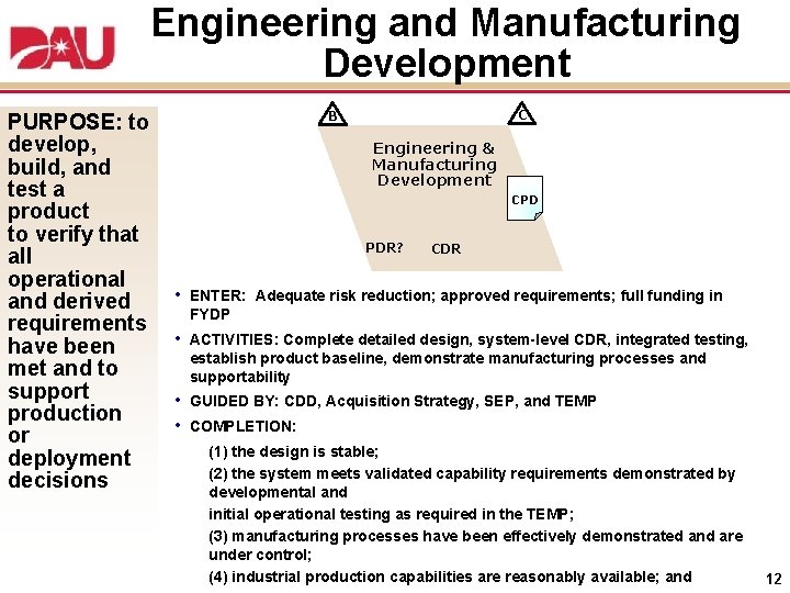Engineering and Manufacturing Development PURPOSE: to develop, build, and test a product to verify