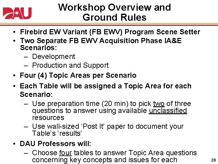 Workshop Overview and Ground Rules • Firebird EW Variant (FB EWV) Program Scene Setter