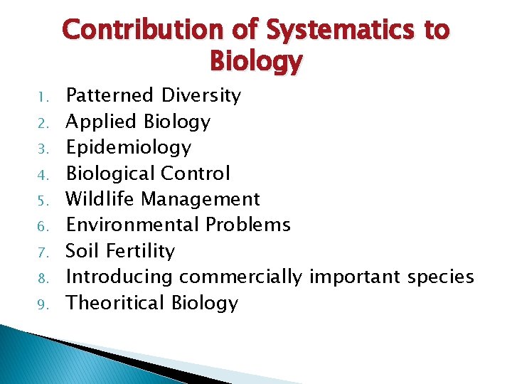 Contribution of Systematics to Biology 1. 2. 3. 4. 5. 6. 7. 8. 9.