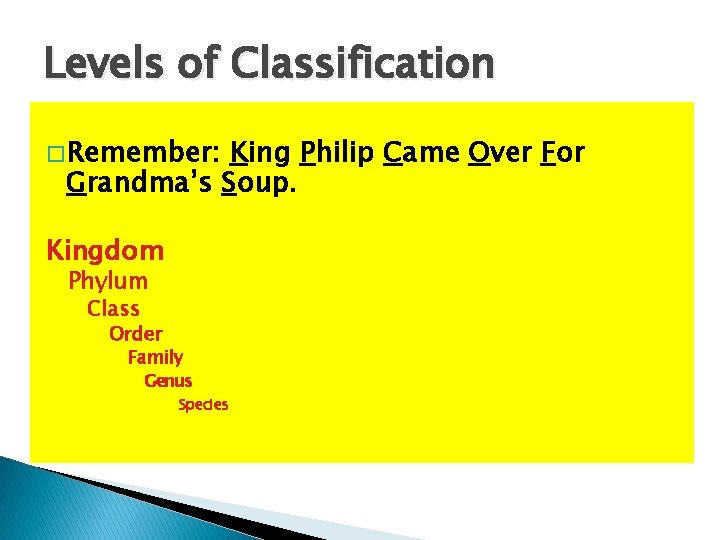 Levels of Classification � Remember: King Philip Came Over For Grandma’s Soup. Kingdom Phylum