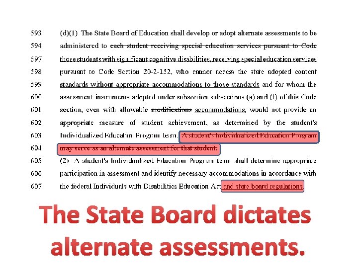 The State Board dictates alternate assessments. 