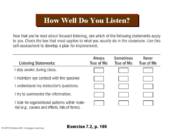 How Well Do You Listen? © 2010 Wadsworth, Cengage Learning Exercise 7. 2, p.