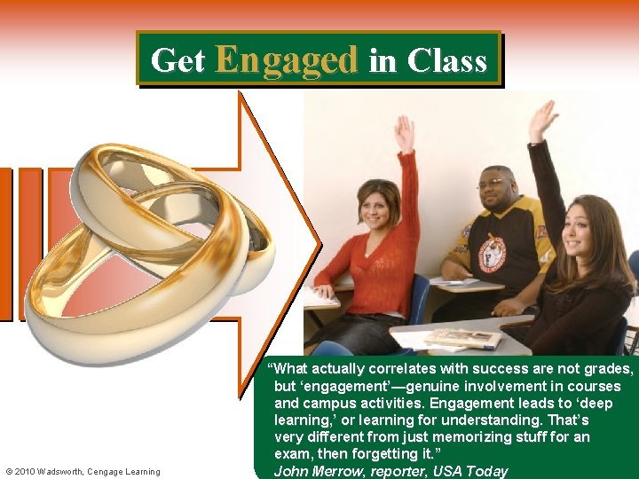 Get Engaged in Class © 2010 Wadsworth, Cengage Learning “What actually correlates with success