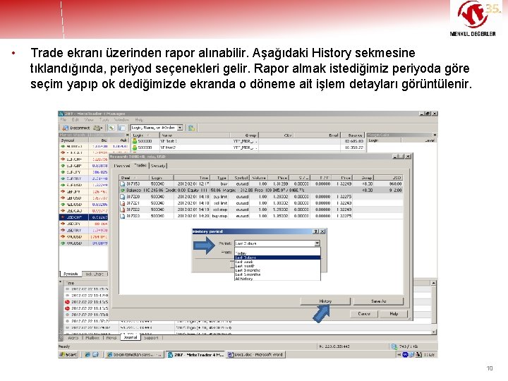 • Trade ekranı üzerinden rapor alınabilir. Aşağıdaki History sekmesine tıklandığında, periyod seçenekleri gelir.