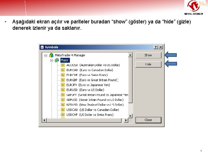  • Aşağıdaki ekran açılır ve pariteler buradan “show” (göster) ya da “hide” (gizle)