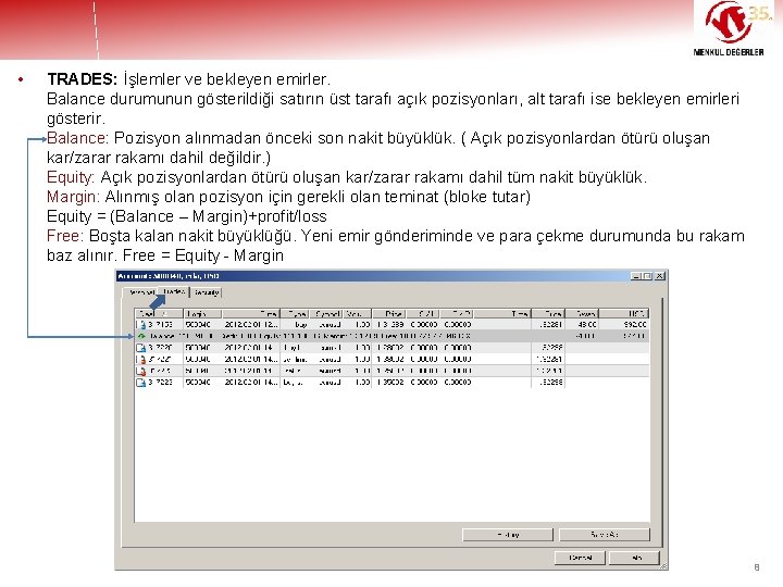  • TRADES: İşlemler ve bekleyen emirler. Balance durumunun gösterildiği satırın üst tarafı açık