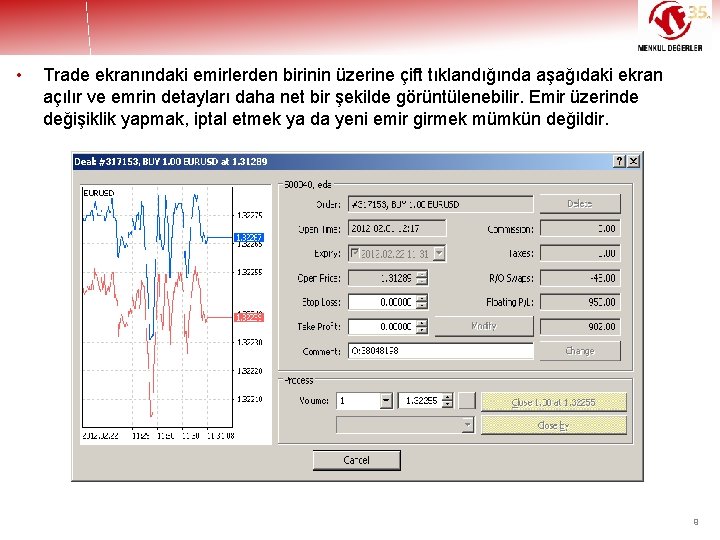  • Trade ekranındaki emirlerden birinin üzerine çift tıklandığında aşağıdaki ekran açılır ve emrin