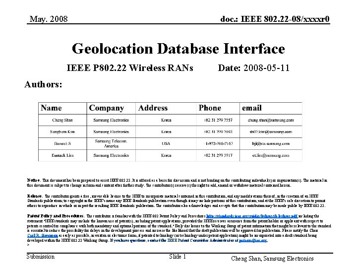 May. 2008 doc. : IEEE 802. 22 -08/xxxxr 0 Geolocation Database Interface IEEE P