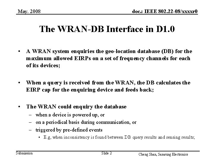 May. 2008 doc. : IEEE 802. 22 -08/xxxxr 0 The WRAN-DB Interface in D