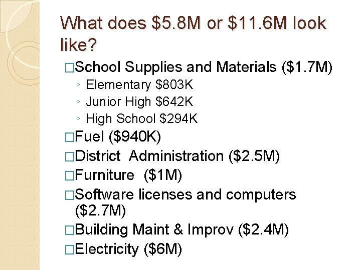 What does $5. 8 M or $11. 6 M look like? �School Supplies and