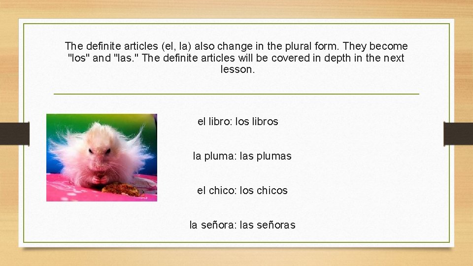 The definite articles (el, la) also change in the plural form. They become "los"