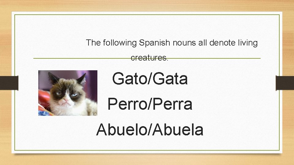 The following Spanish nouns all denote living creatures. Gato/Gata Perro/Perra Abuelo/Abuela 