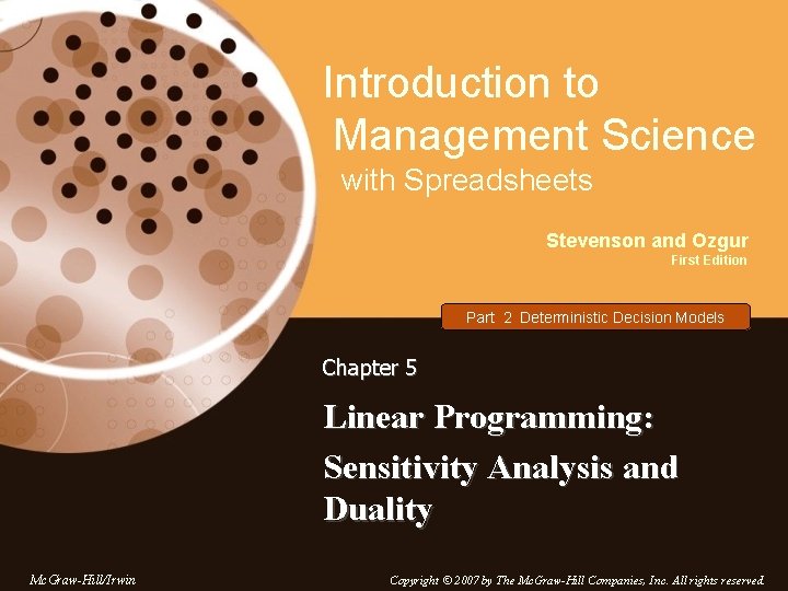 Introduction to Management Science with Spreadsheets Stevenson and Ozgur First Edition Part 2 Deterministic