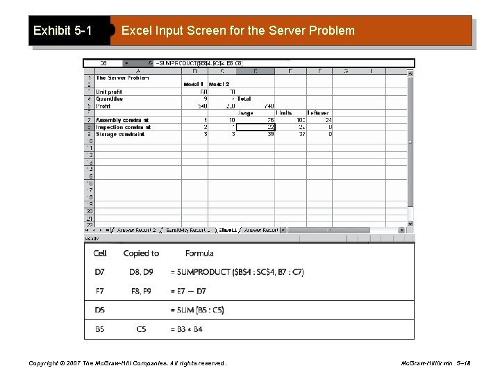 Exhibit 5 -1 Excel Input Screen for the Server Problem Copyright © 2007 The