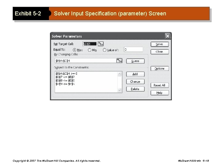 Exhibit 5 -2 Solver Input Specification (parameter) Screen Copyright © 2007 The Mc. Graw-Hill