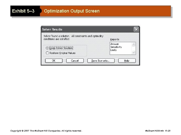 Exhibit 5– 3 Optimization Output Screen Copyright © 2007 The Mc. Graw-Hill Companies. All