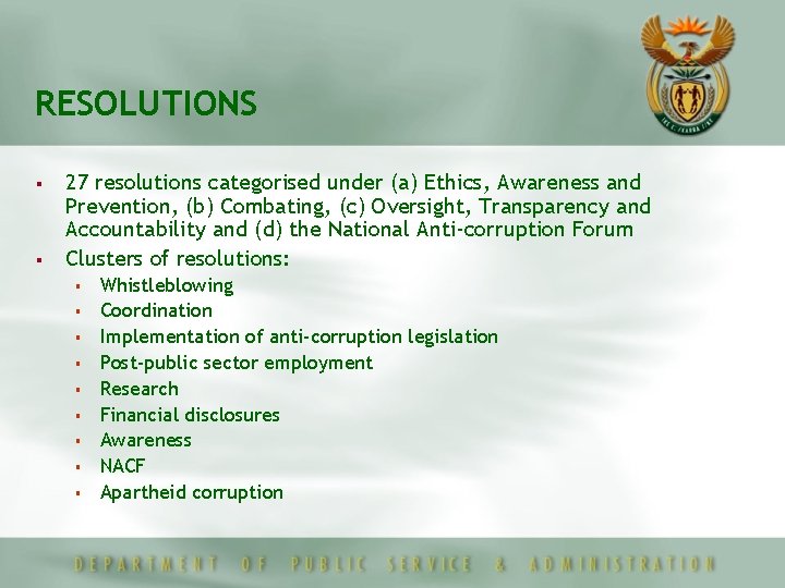 RESOLUTIONS § § 27 resolutions categorised under (a) Ethics, Awareness and Prevention, (b) Combating,