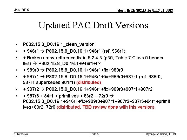 Jan. 2016 doc. : IEEE 802. 15 -16 -0113 -01 -0008 Updated PAC Draft