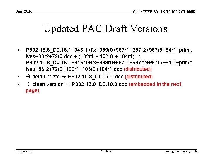 Jan. 2016 doc. : IEEE 802. 15 -16 -0113 -01 -0008 Updated PAC Draft