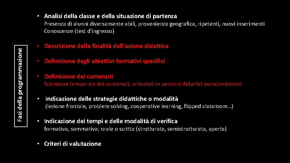  • Analisi della classe e della situazione di partenza Fasi della programmazione Presenza