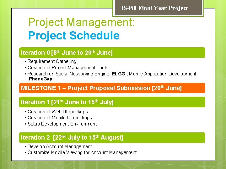 IS 480 Final Year Project Management: Project Schedule Iteration 0 [8 th June to