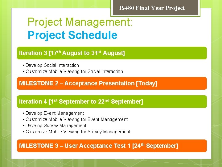 IS 480 Final Year Project Management: Project Schedule Iteration 3 [17 th August to