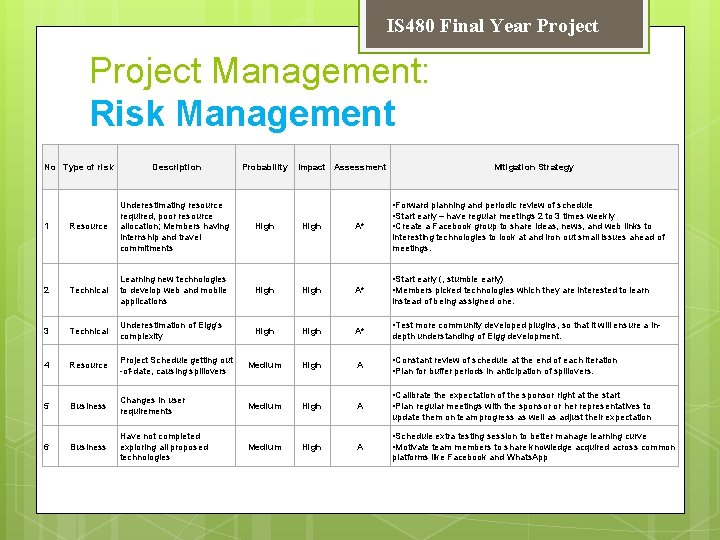 IS 480 Final Year Project Management: Risk Management No Type of risk 1 2