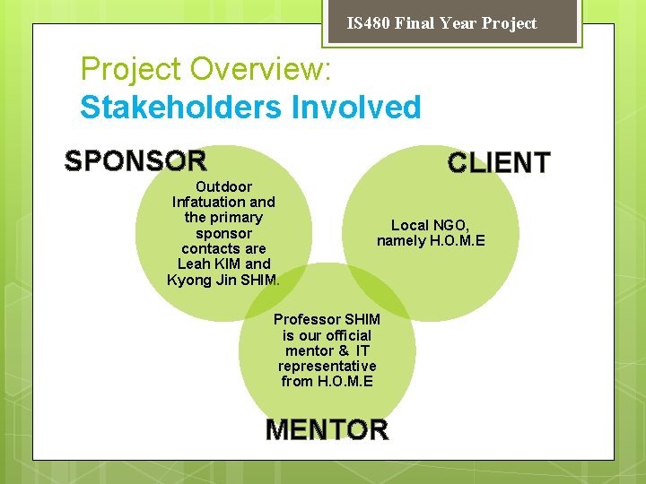 IS 480 Final Year Project Overview: Stakeholders Involved SPONSOR Outdoor Infatuation and the primary