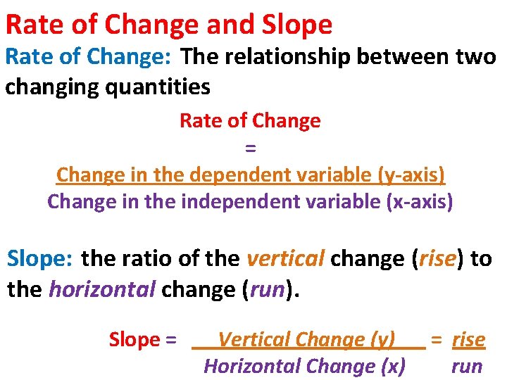 Rate of Change and Slope Rate of Change: The relationship between two changing quantities