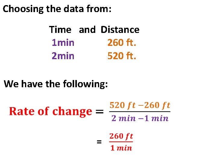 Choosing the data from: Time and Distance 1 min 260 ft. 2 min 520