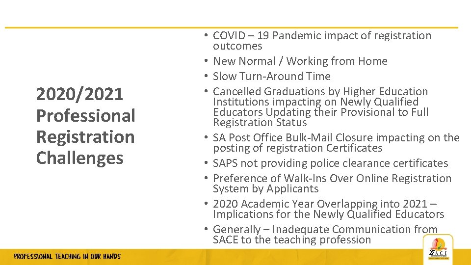 2020/2021 Professional Registration Challenges • COVID – 19 Pandemic impact of registration outcomes •