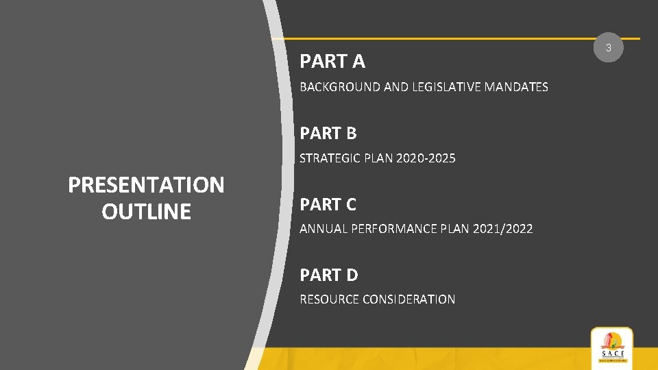 PART A BACKGROUND AND LEGISLATIVE MANDATES PART B STRATEGIC PLAN 2020 -2025 PRESENTATION OUTLINE