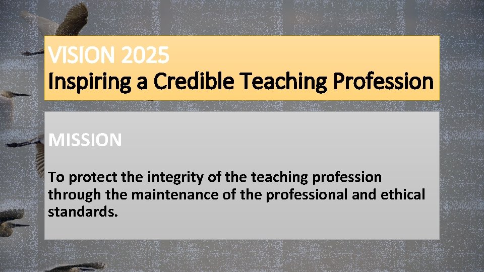 VISION 2025 Inspiring a Credible Teaching Profession MISSION To protect the integrity of the