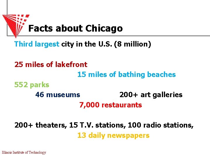 Facts about Chicago Third largest city in the U. S. (8 million) 25 miles