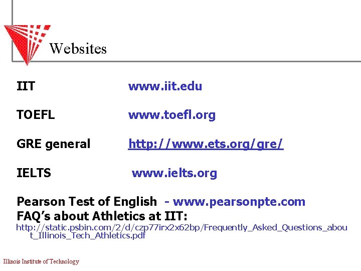 Websites IIT www. iit. edu TOEFL www. toefl. org GRE general http: //www. ets.