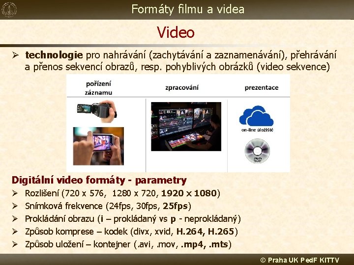 Formáty filmu a videa Video Ø technologie pro nahrávání (zachytávání a zaznamenávání), přehrávání a