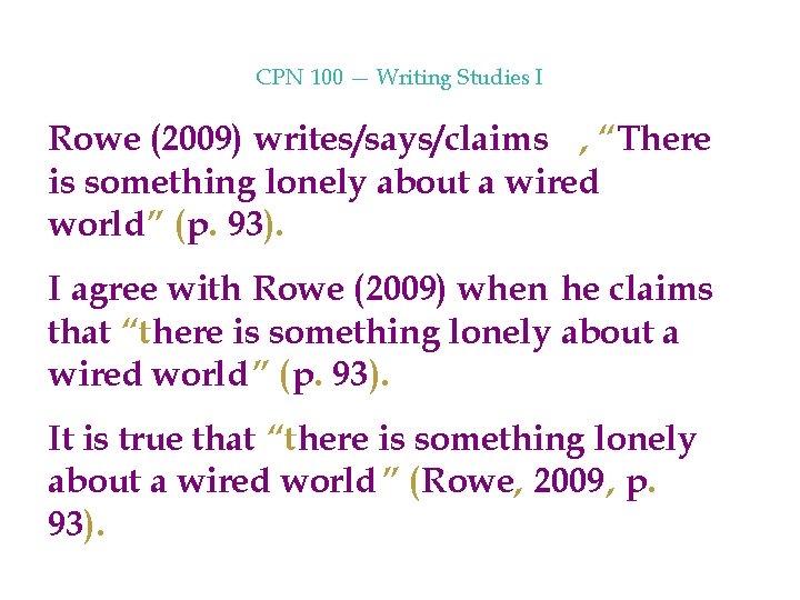 CPN 100 — Writing Studies I Rowe (2009) writes/says/claims , “There is something lonely