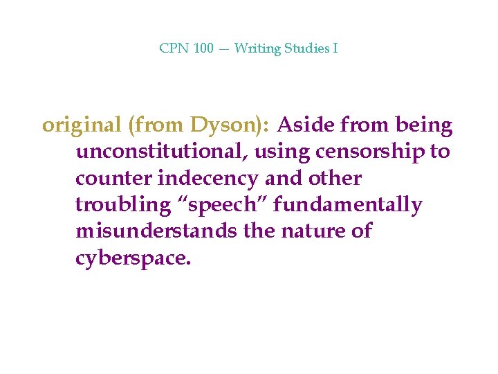 CPN 100 — Writing Studies I original (from Dyson): Aside from being unconstitutional, using