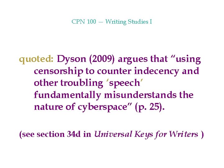 CPN 100 — Writing Studies I quoted: Dyson (2009) argues that “using censorship to