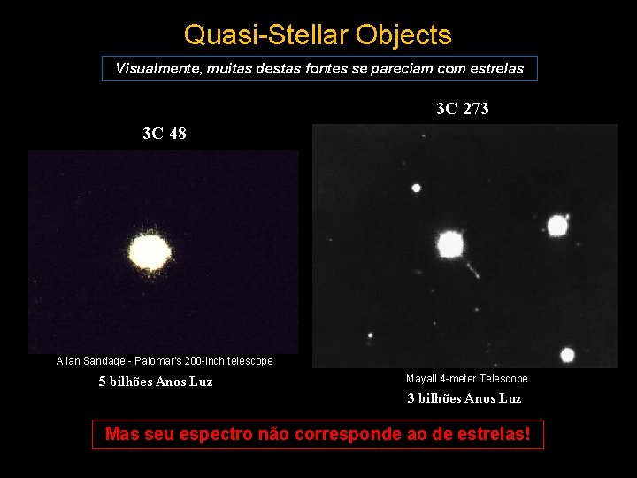 Quasi-Stellar Objects Visualmente, muitas destas fontes se pareciam com estrelas 3 C 273 3