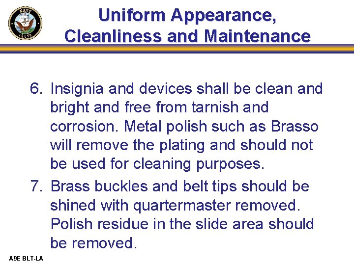 Uniform Appearance, Cleanliness and Maintenance 6. Insignia and devices shall be clean and bright