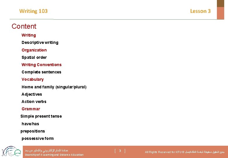 Writing 103 Lesson 3 Content Writing Descriptive writing Organization Spatial order Writing Conventions Complete