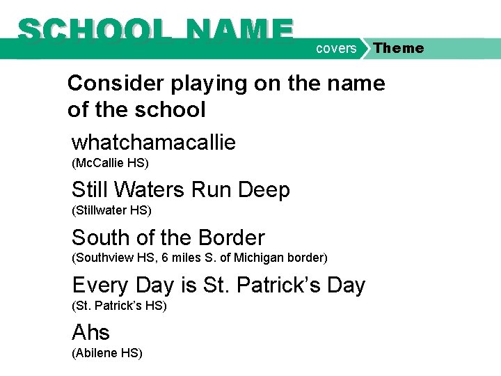 SCHOOL NAME covers Theme Consider playing on the name of the school whatchamacallie (Mc.