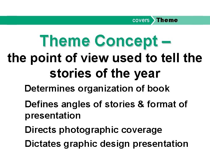 covers Theme Concept – the point of view used to tell the stories of
