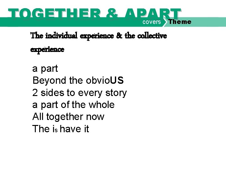 TOGETHER & APART covers Theme The individual experience & the collective experience a part